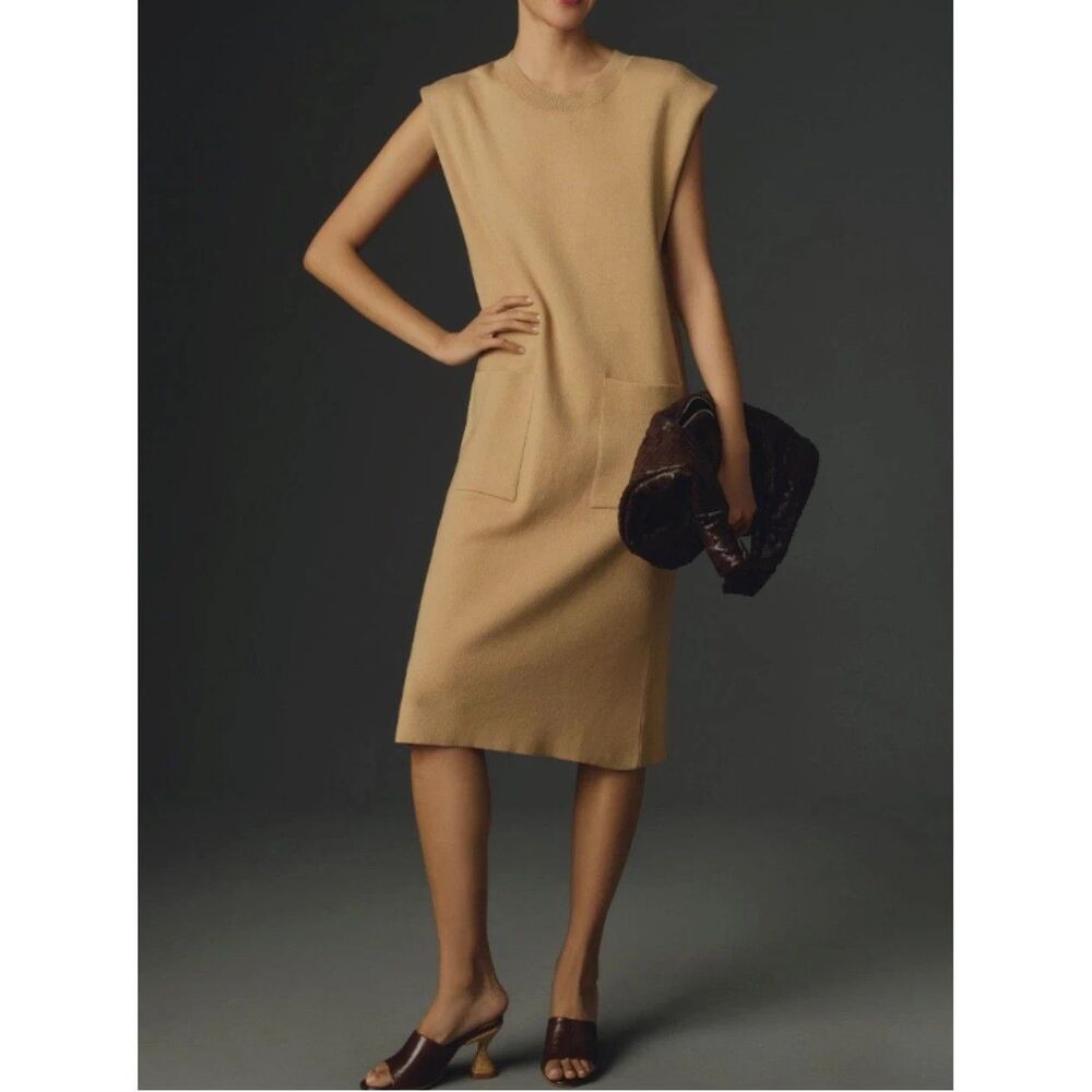 Maeve Anthropologie Muscle Sweater Dress M Beige Tan Sleeveless Maxi Minimalist